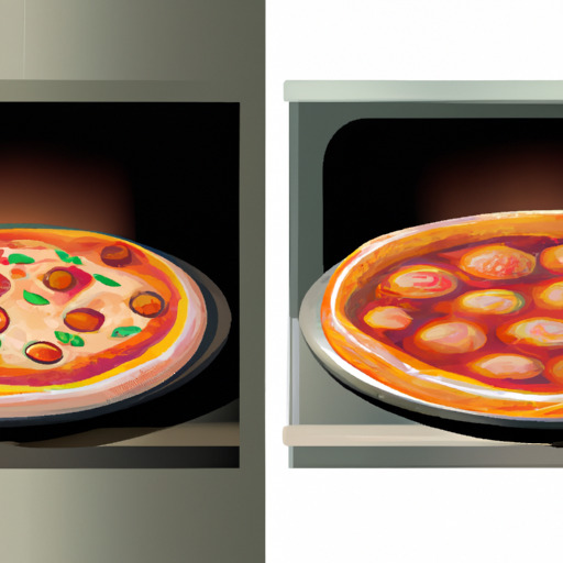 תמונת השוואה המציגה פיצה מבושלת בתנור רגיל ופיצה מבושלת בתנור פיצה